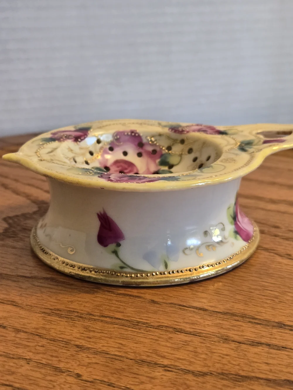 Vintage Porcelain Floral Tea Strainer and Drip Bowl - Pink Rose